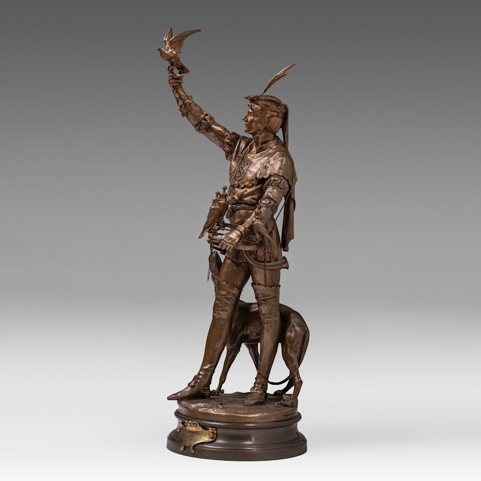 Emile Louis Picault (1833-1915), 'Le Fauconnier', patinated bronze, H 85 cm - Bild 2 aus 10