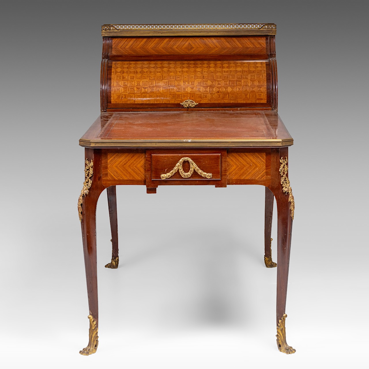 A leather-topped Transitional-style bureau plat and rolltop desk with parquetry and gilt bronze moun - Image 3 of 9