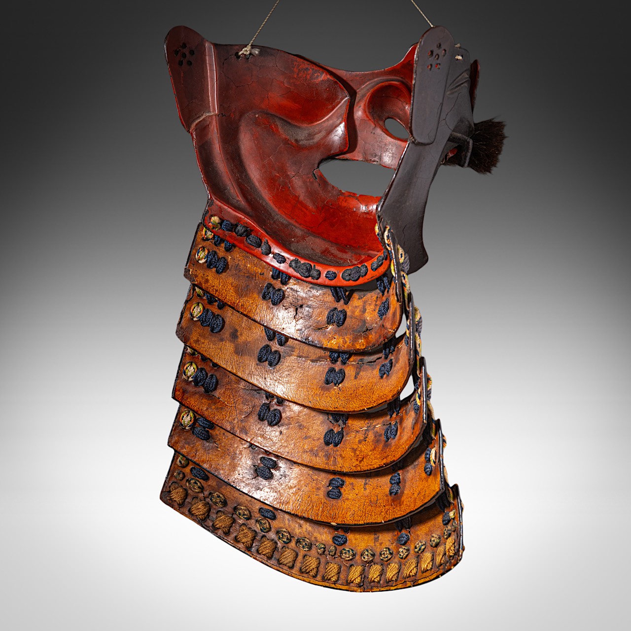 A Japanese late Edo/Meiji period (19thC) menpo (face guard for samurai armour), metal, leather and l - Image 4 of 5