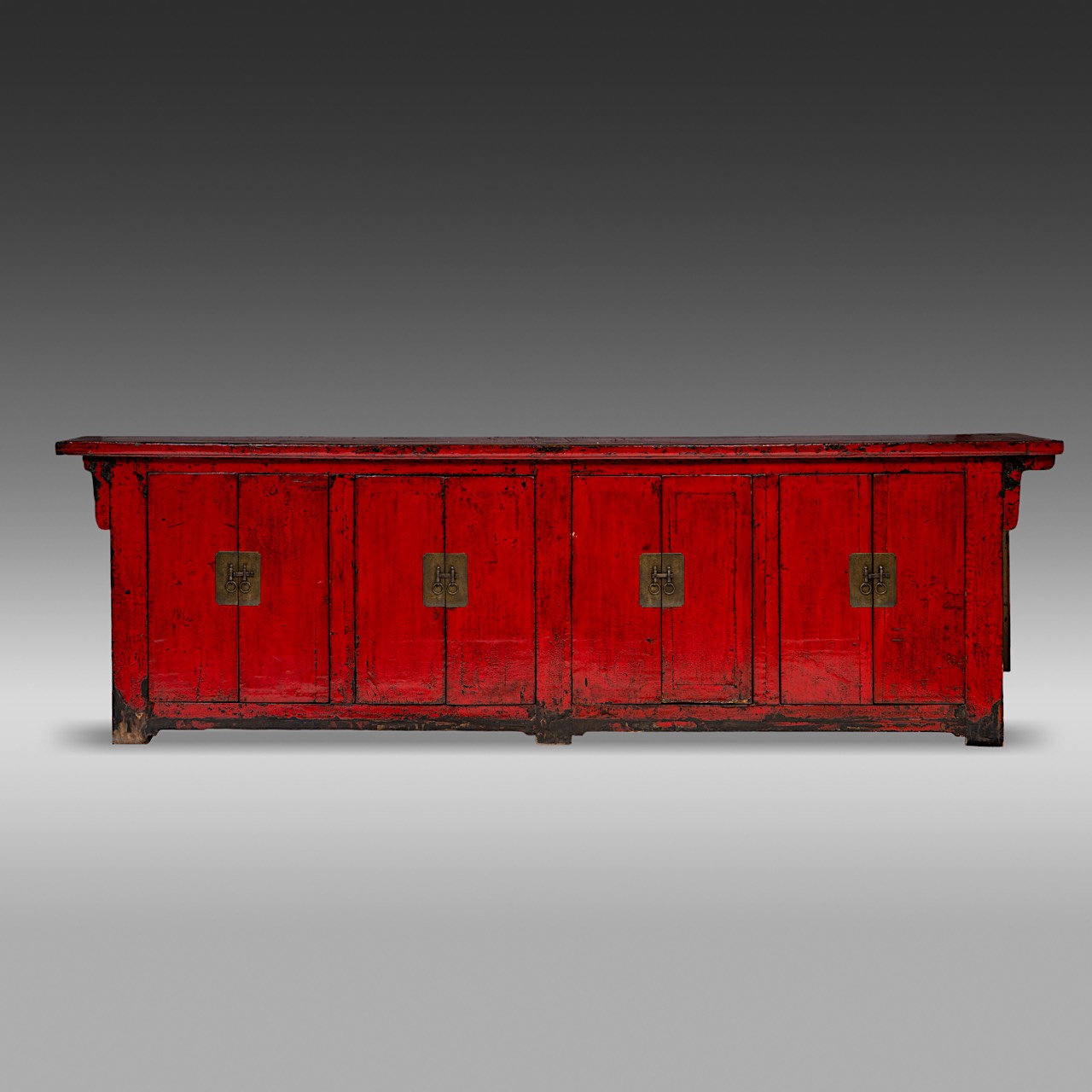 A long South Chinese eight-door red stained cabinet, vintage, L 310 cm - H 96 - D 50 cm - Image 2 of 10