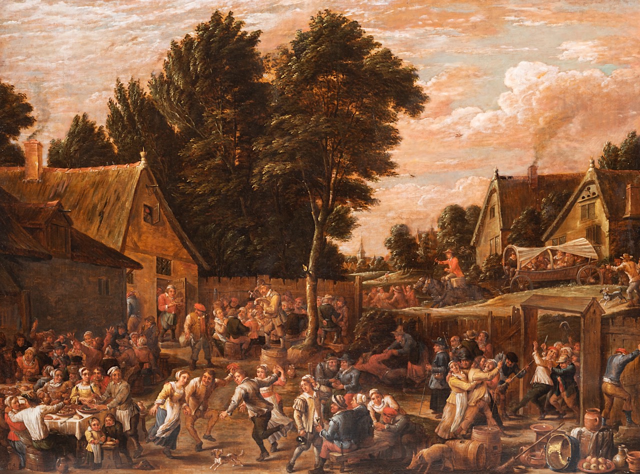 Attrib. to David II Teniers (1610-1690), village with an inn and peasants feasting and dancing, oil