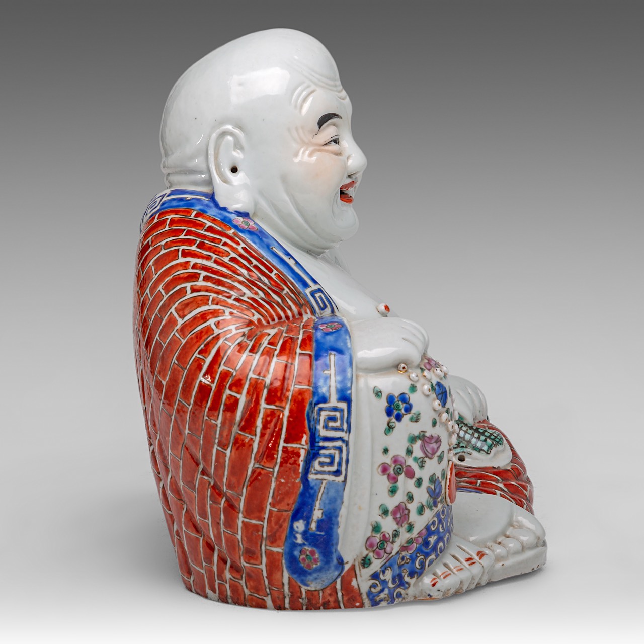 A Chinese famille rose enamelled biscuit figure of smiling a Budai, with an impressed mark, 20thC, H - Image 12 of 14