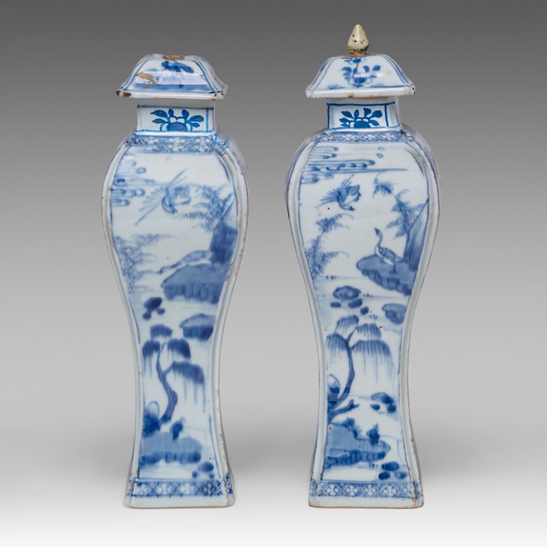A pair of Chinese blue and white 'Beauty and Playful Boy' quadrangular baluster vase, Kangxi period, - Image 2 of 8