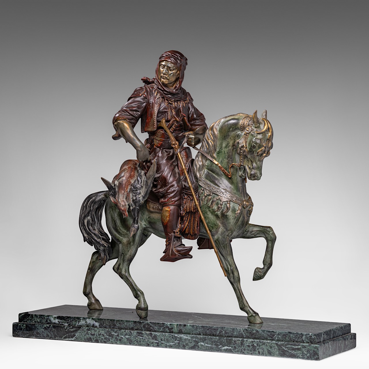 Attrib. to Alfred Barye (1839-1882), Arab horseman, patinated spelter on a vert de mer marble base, - Image 2 of 10