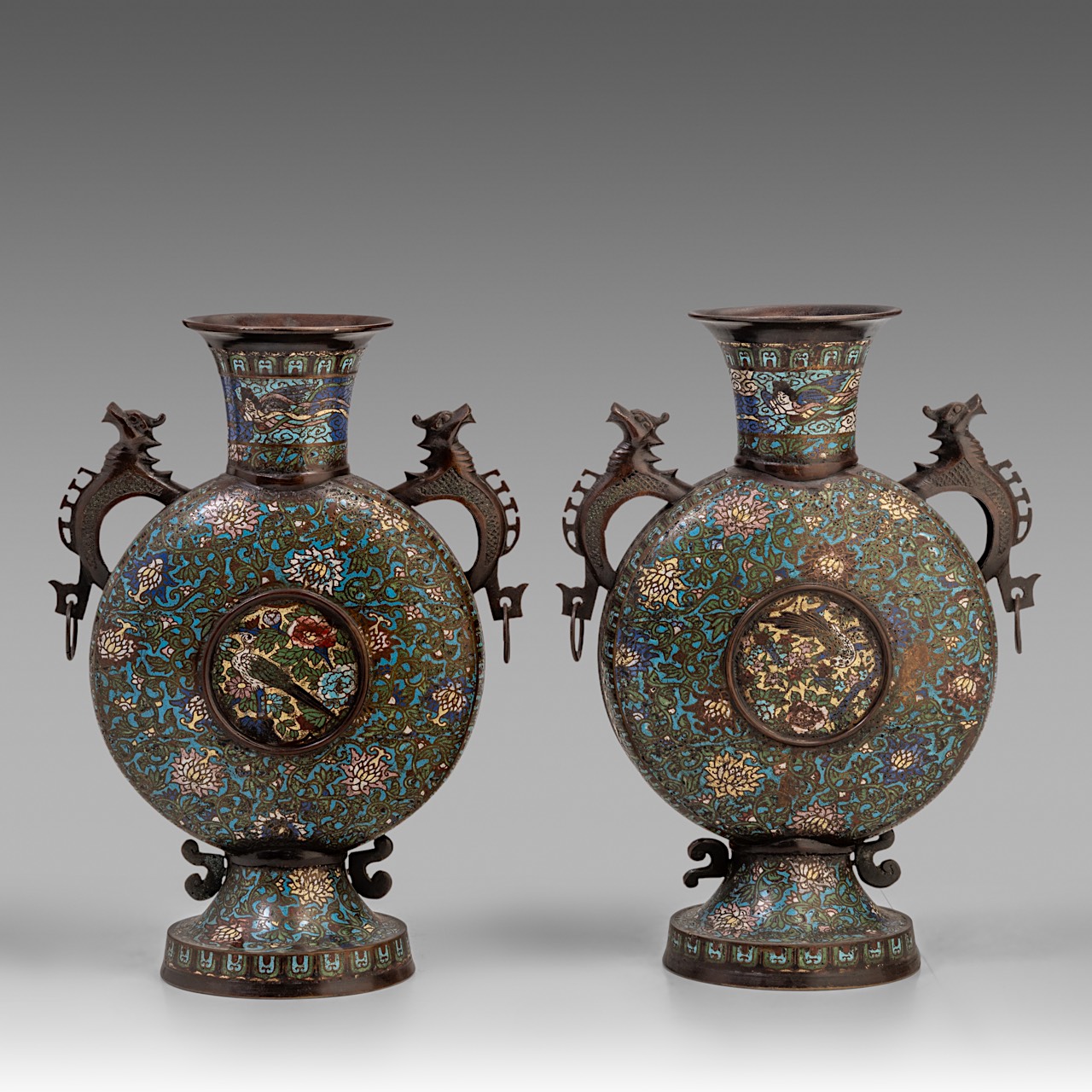 A pair of Japanese champleve enamelled bronze moonflask vases, late Meiji (1868-1912), H 50 cm - Image 3 of 11