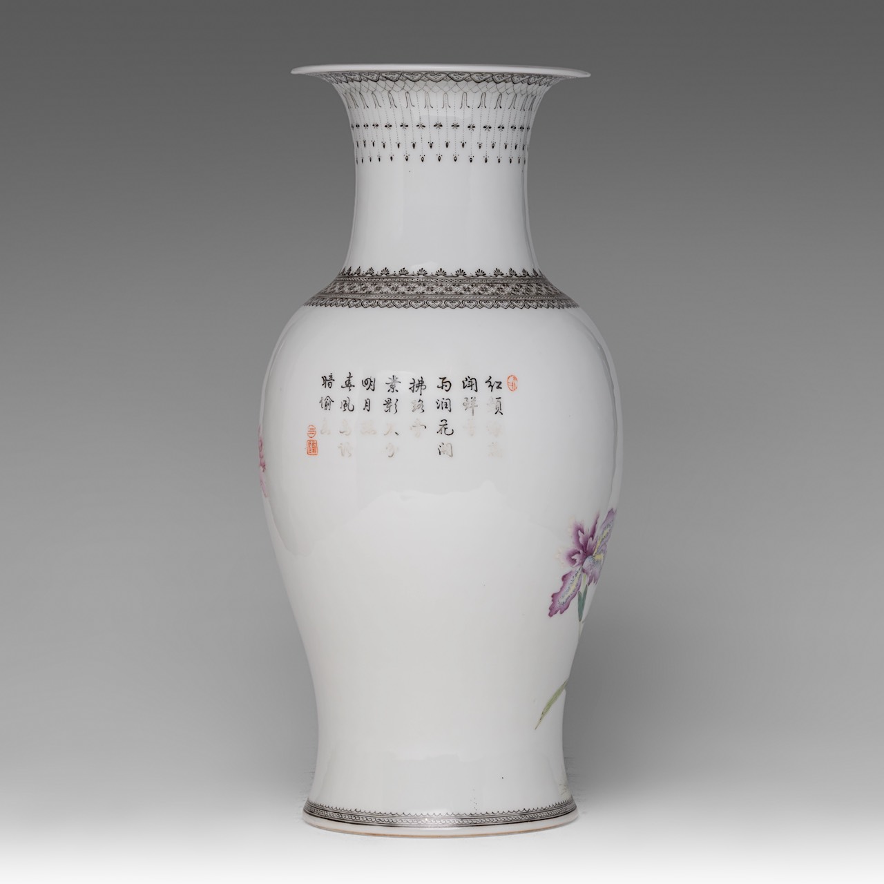 A Chinese famille rose 'Magpies in a Lotus Garden' vase, the back with a signed text, 20thC, H 41,3 - Image 4 of 6