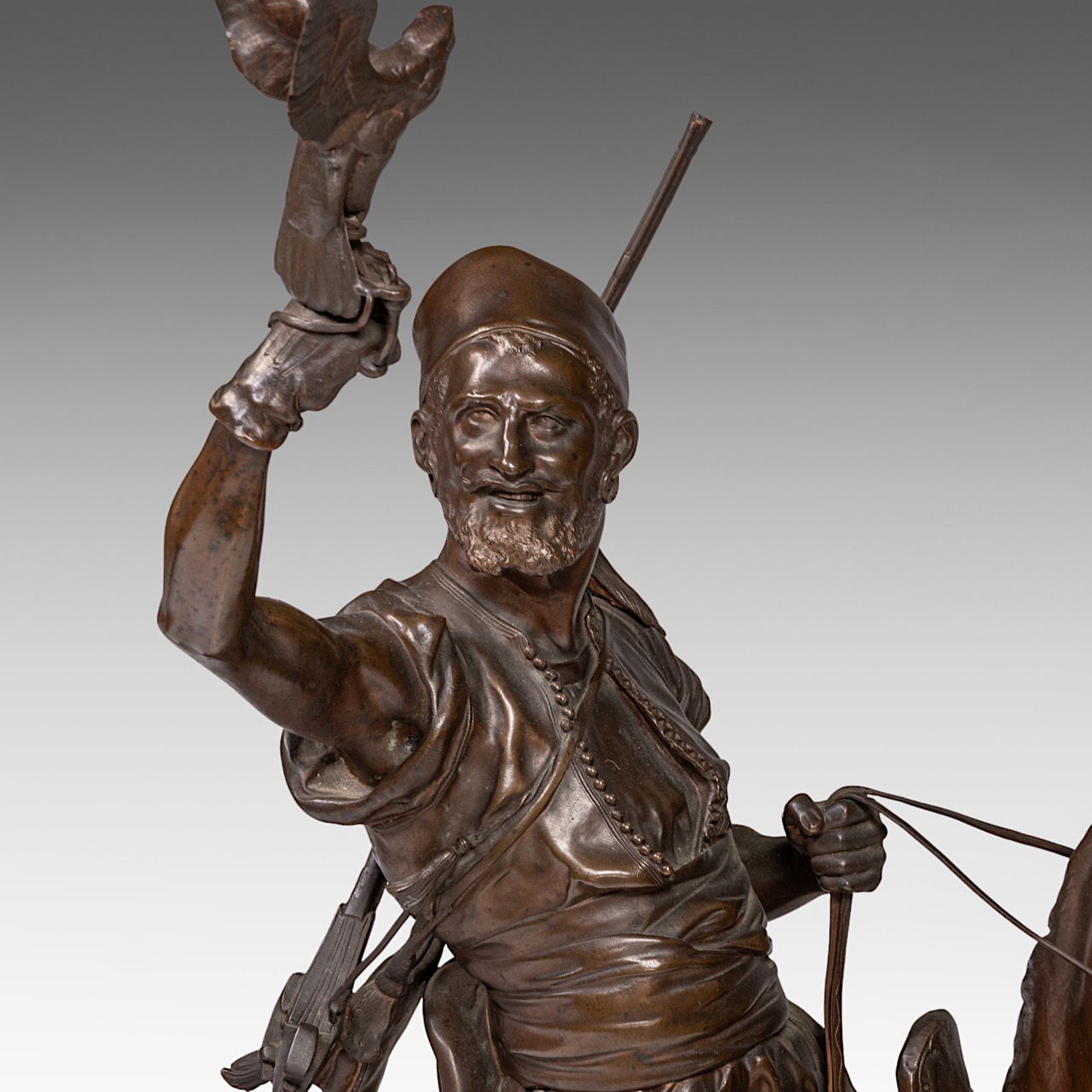 Pierre-Jules Mene (1810-1879), the falconer, patinated bronze on a black marble base, casted by Barb - Image 10 of 11
