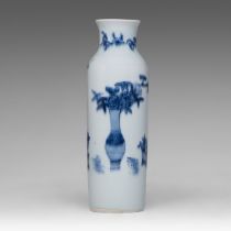 A Chinese blue and white 'Antiquities' sleeve vase, Transitional period, H 21 cm
