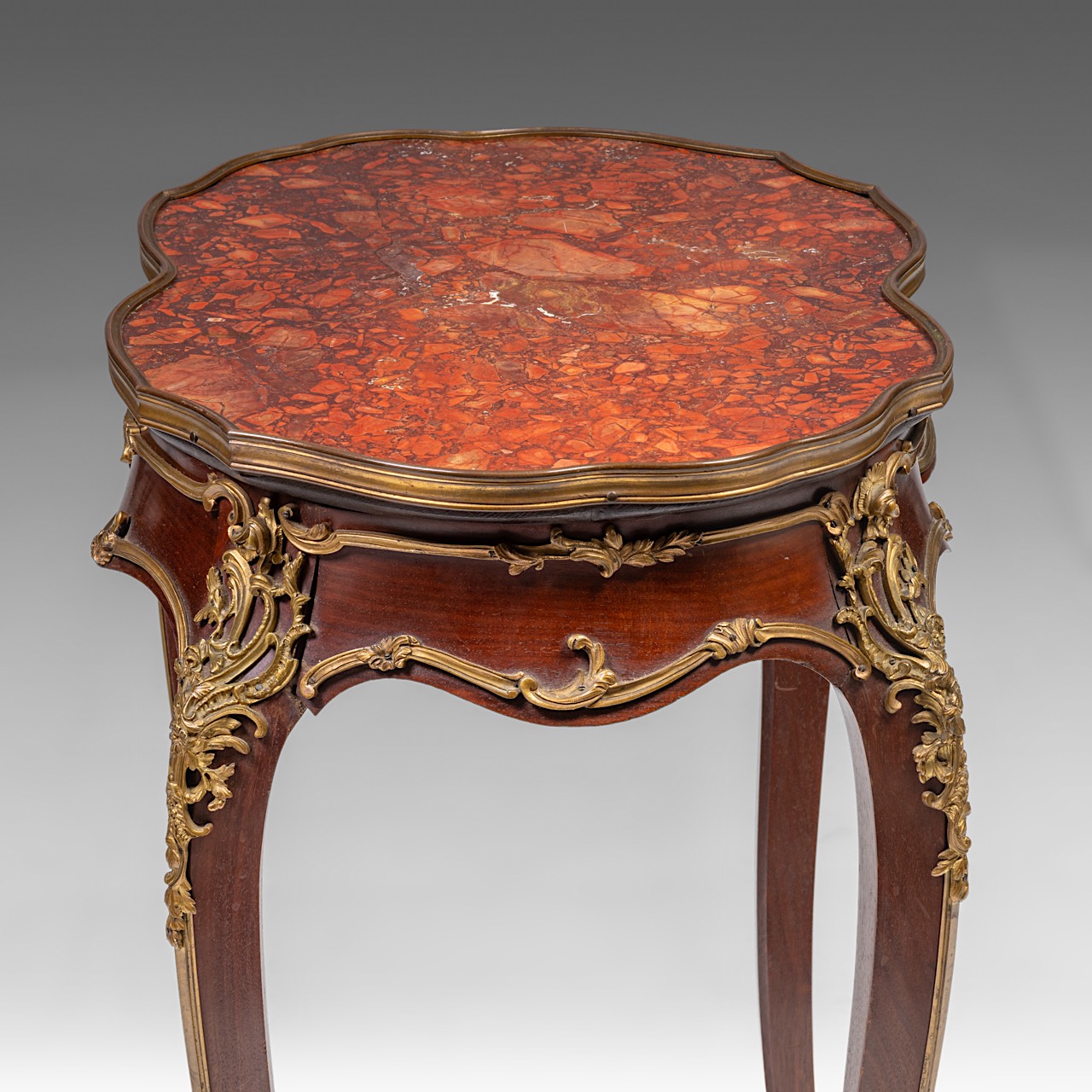 A mahogany marble-topped Louis XV (1723-1774) occasional table with gilt bronze mounts, H 77,5 cm - - Image 8 of 9