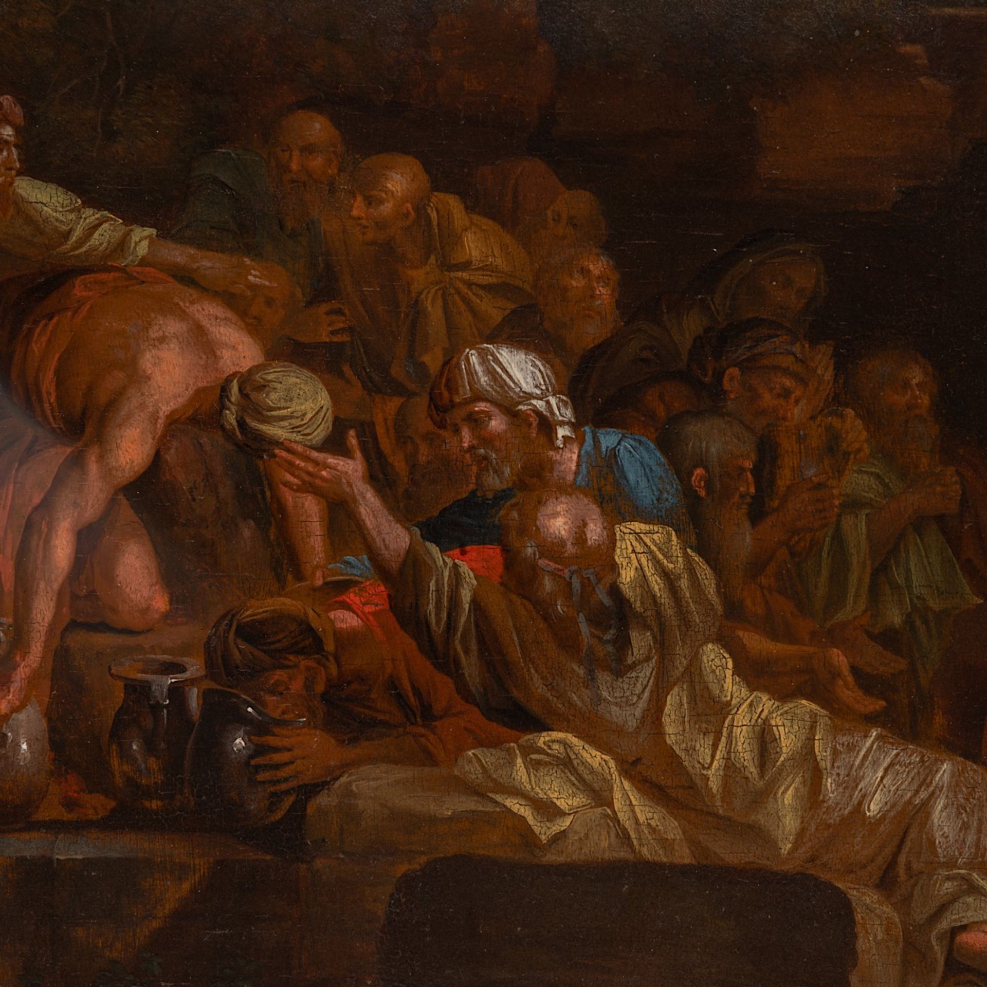 'To give water to the thirsty', French School, 17thC, oil on oak 43 x 55 cm. (16.9 x 21.6 in.), Fram - Image 4 of 6