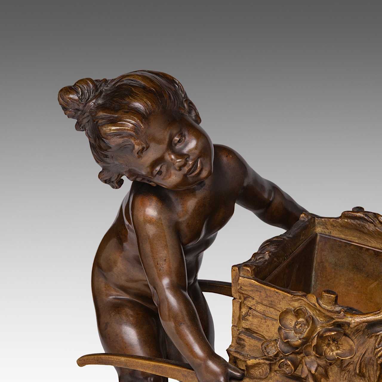 Auguste Moreau (1834-1917), two children playing with a chariot, patinated bronze plant stand, H 28 - Image 8 of 9