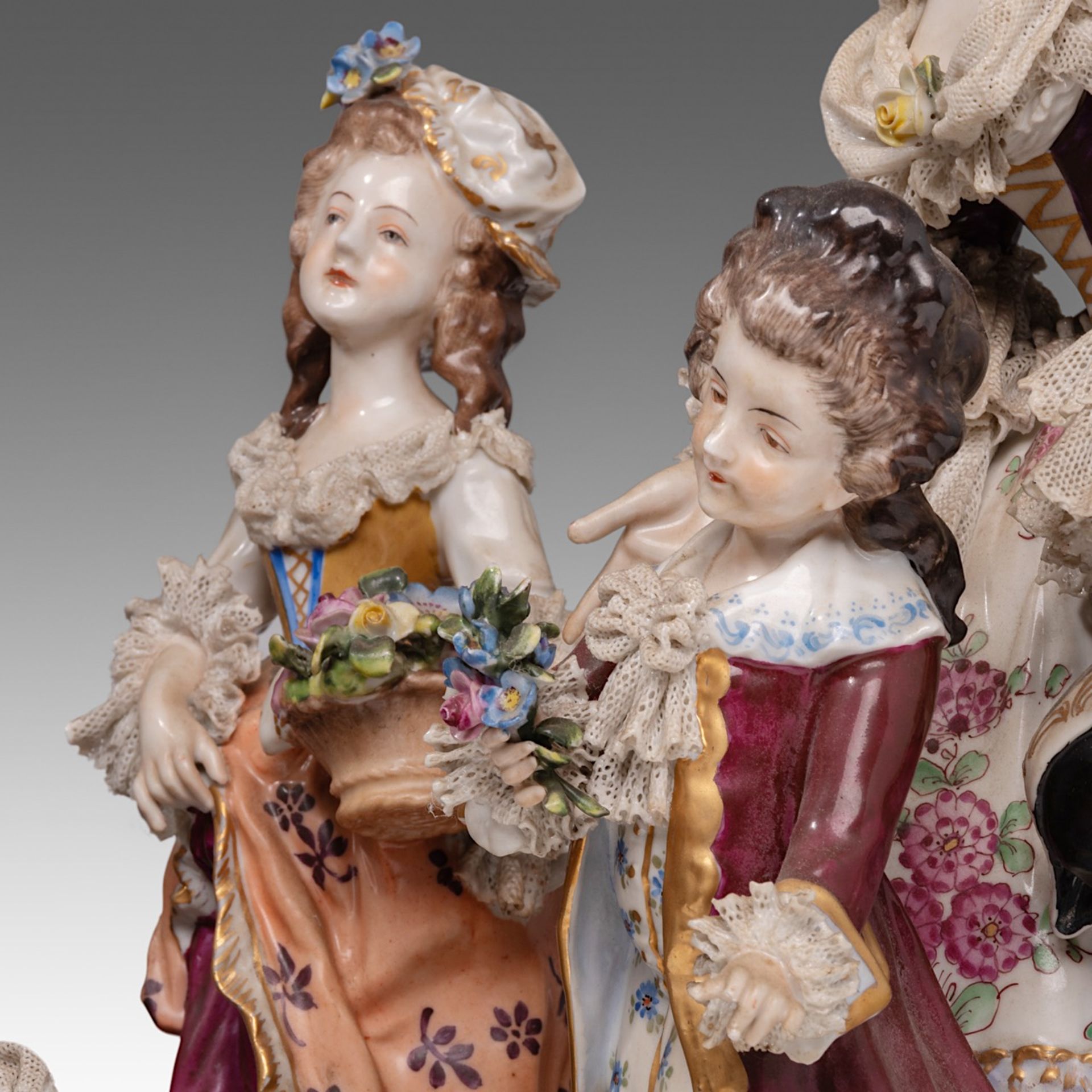 A large Saxony polychrome porcelain group depicting a gallant scene in a Rococo setting, H 40 - W 55 - Image 11 of 15