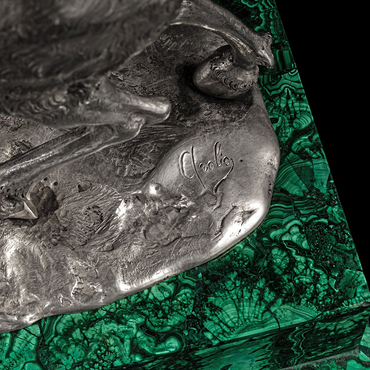 A silver figure of a centaur and deer fighting on a malachite veneered base, 800/000 35.5 x 36 x 13 - Image 9 of 11