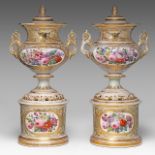 A large pair of Napoleon III gilt and polychrome porcelain vases and covers on stands, late 19thC, H