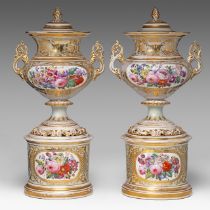 A large pair of Napoleon III gilt and polychrome porcelain vases and covers on stands, late 19thC, H