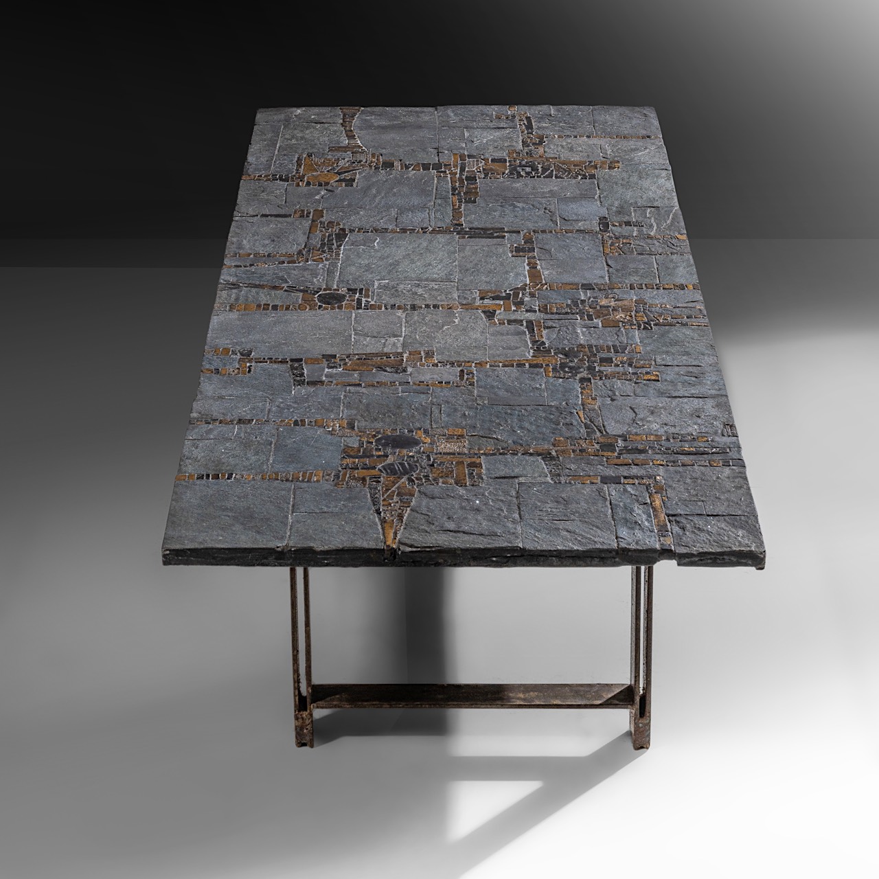 A vintage '60s Pia Manu coffee table, slate stone and gilt-glazed ceramic table top on a steel frame - Image 4 of 16