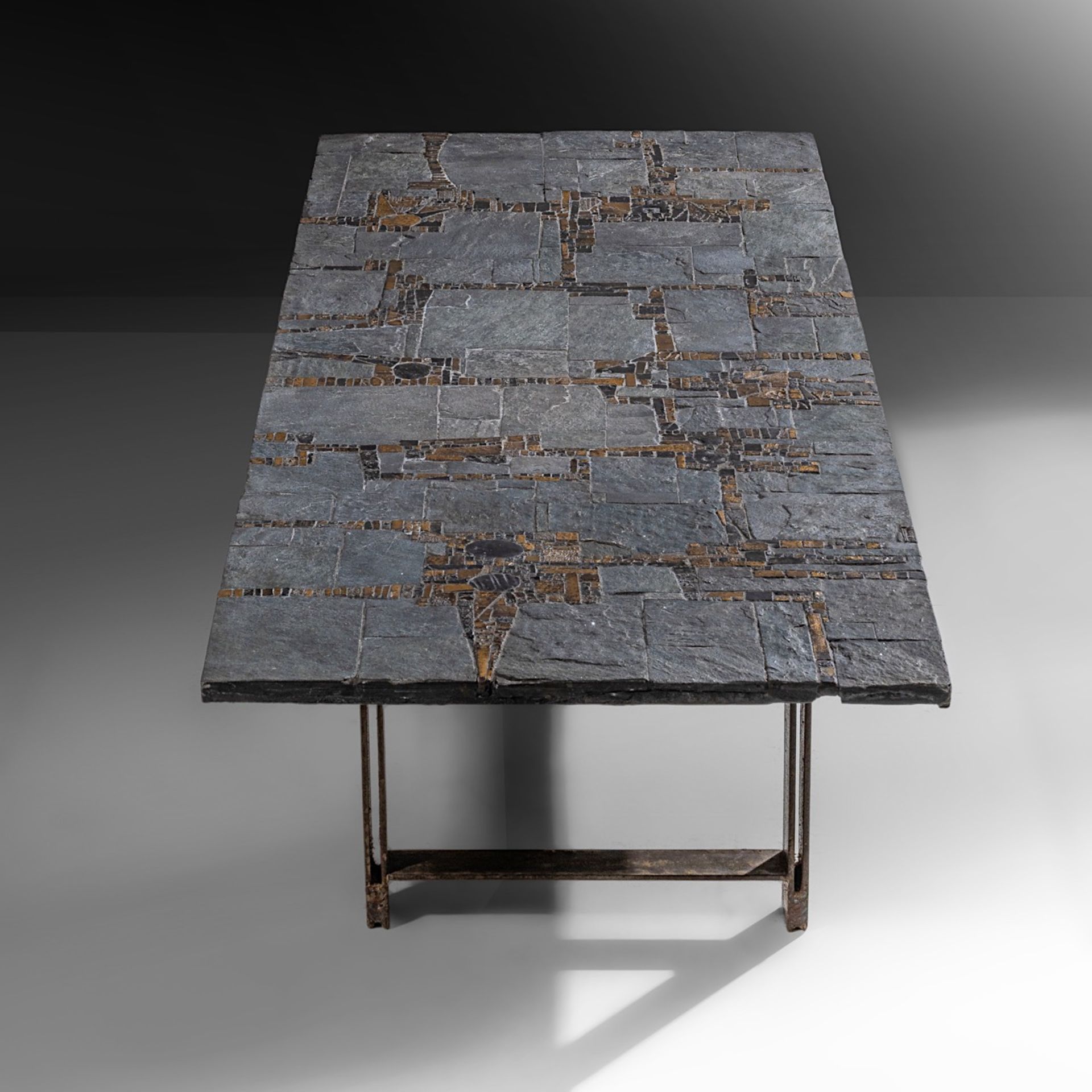 A vintage '60s Pia Manu coffee table, slate stone and gilt-glazed ceramic table top on a steel frame - Bild 4 aus 16