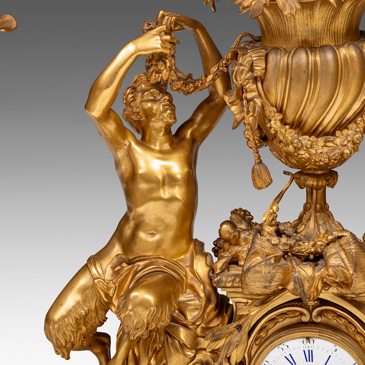 An imposing three-piece Napoleon III gilt bronze mantle clock, Lerolle Freres, Paris, H 70 - 82 cm - Image 10 of 12