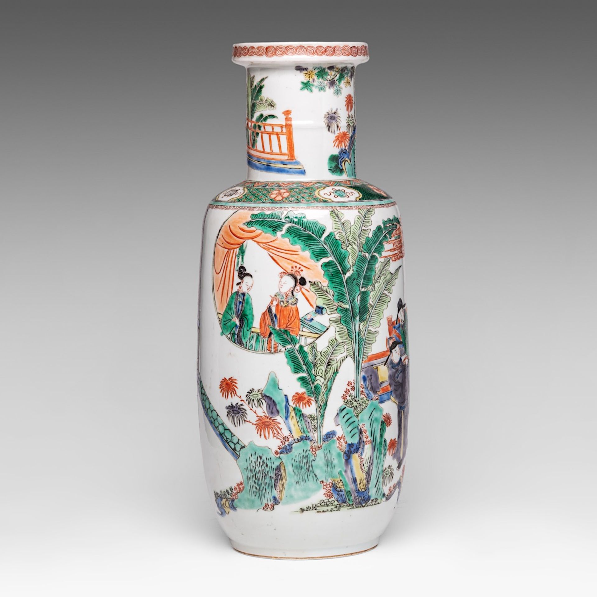 A Chinese famille verte 'The Birthday Reception for General Guo Ziyi' rouleau vase, Republic period, - Image 3 of 6