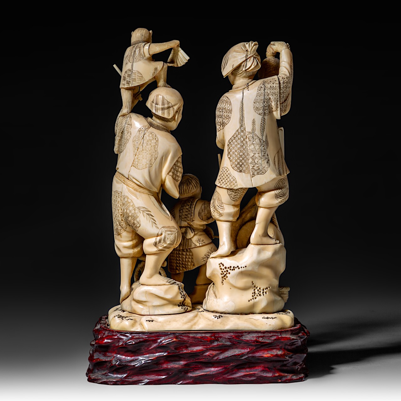 A large Japanese walrus ivory okimono of a musical family, Meiji period (1868-1912), H 26 cm - 1906g - Image 4 of 12