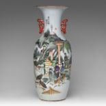 A Chinese famille rose 'Townsmen in the Park' vase, signed texts, paired with lingzhi handles, Repub