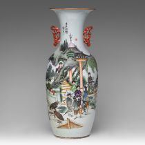 A Chinese famille rose 'Townsmen in the Park' vase, signed texts, paired with lingzhi handles, Repub