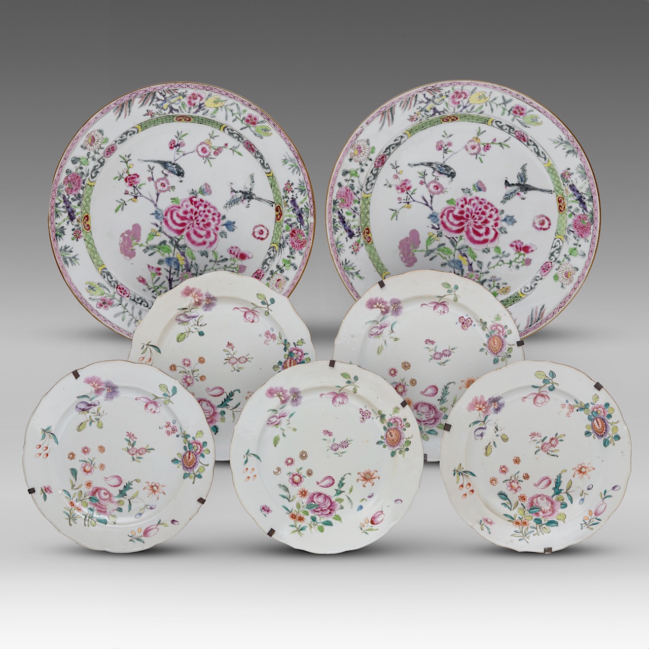 A series of two Chinese famille rose 'Magpies and Peonies' large plates and five famille rose 'Blume