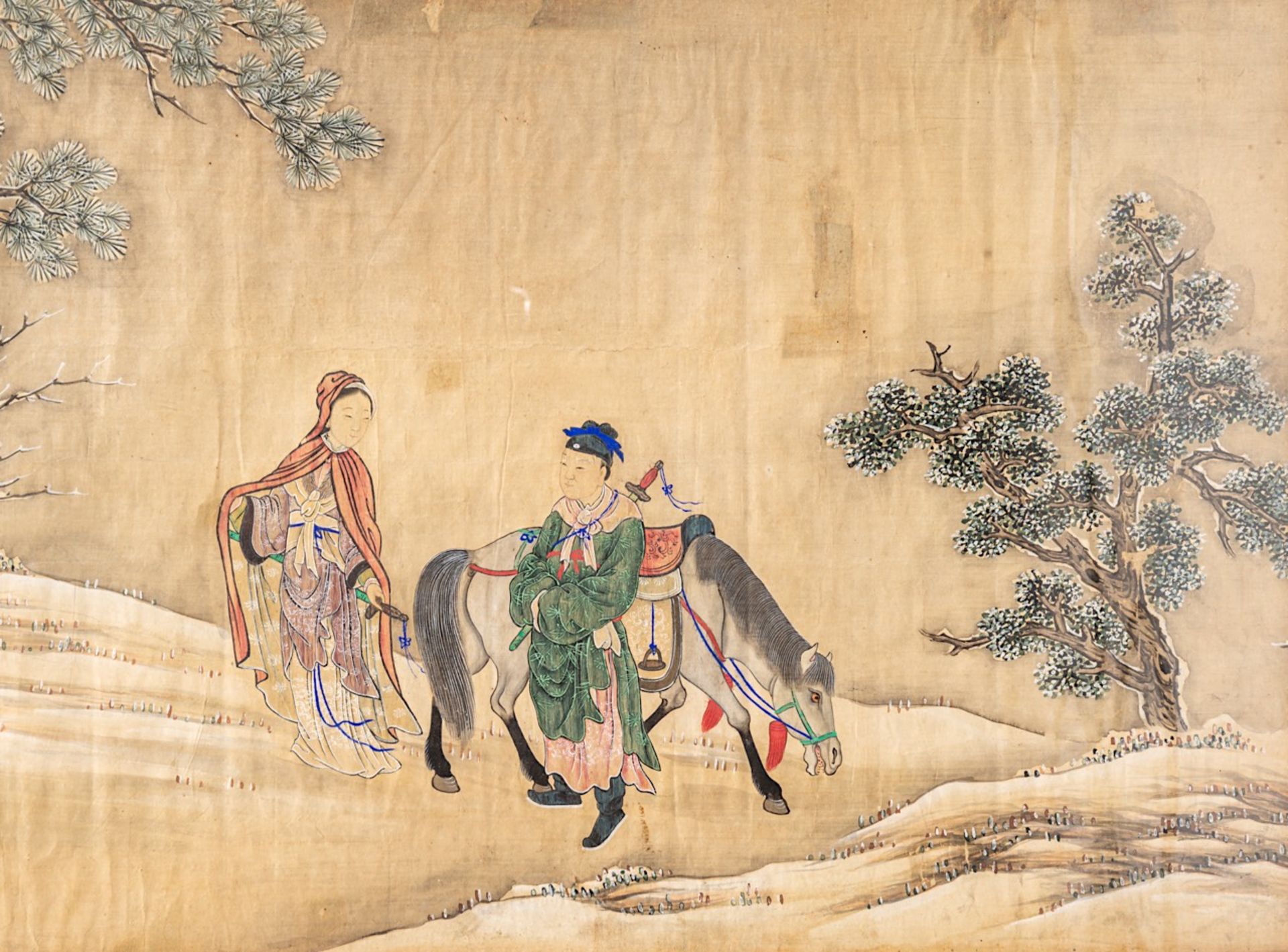A Chinese 'Lady and Protector in the Snow' painting, ink and colour on linen, Qing dynasty, 41,5 x 1 - Image 4 of 4