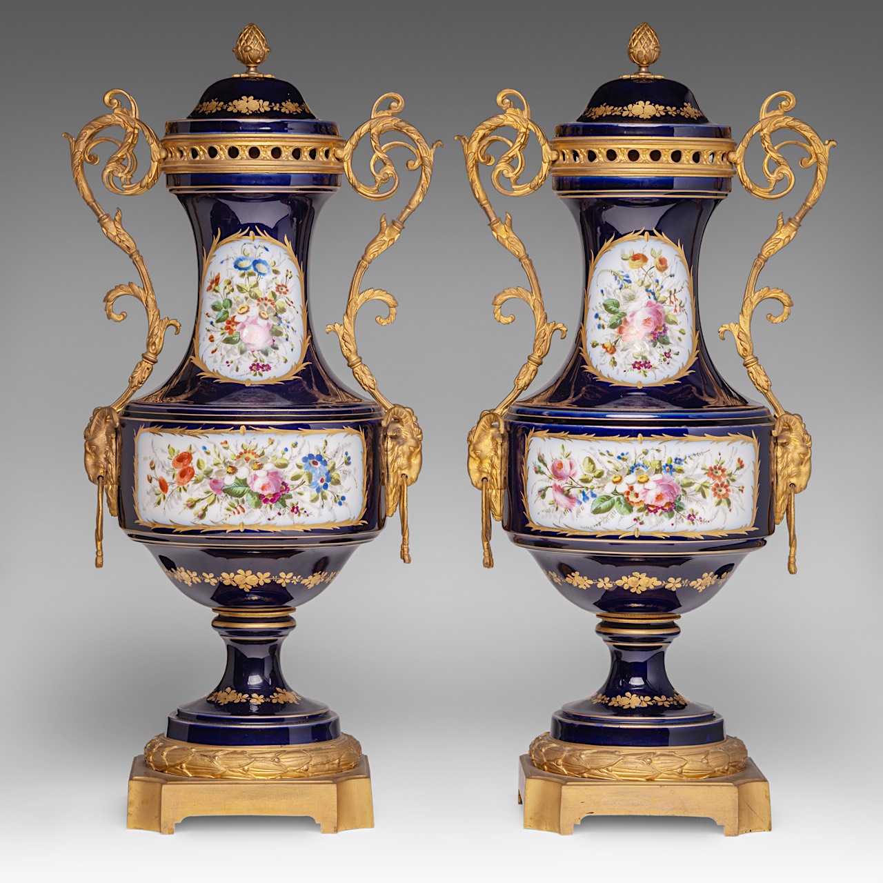 A pair of blue royale ground Sevres vases with hand-painted gallant scenes and gilt bronze mounts, H - Image 3 of 12