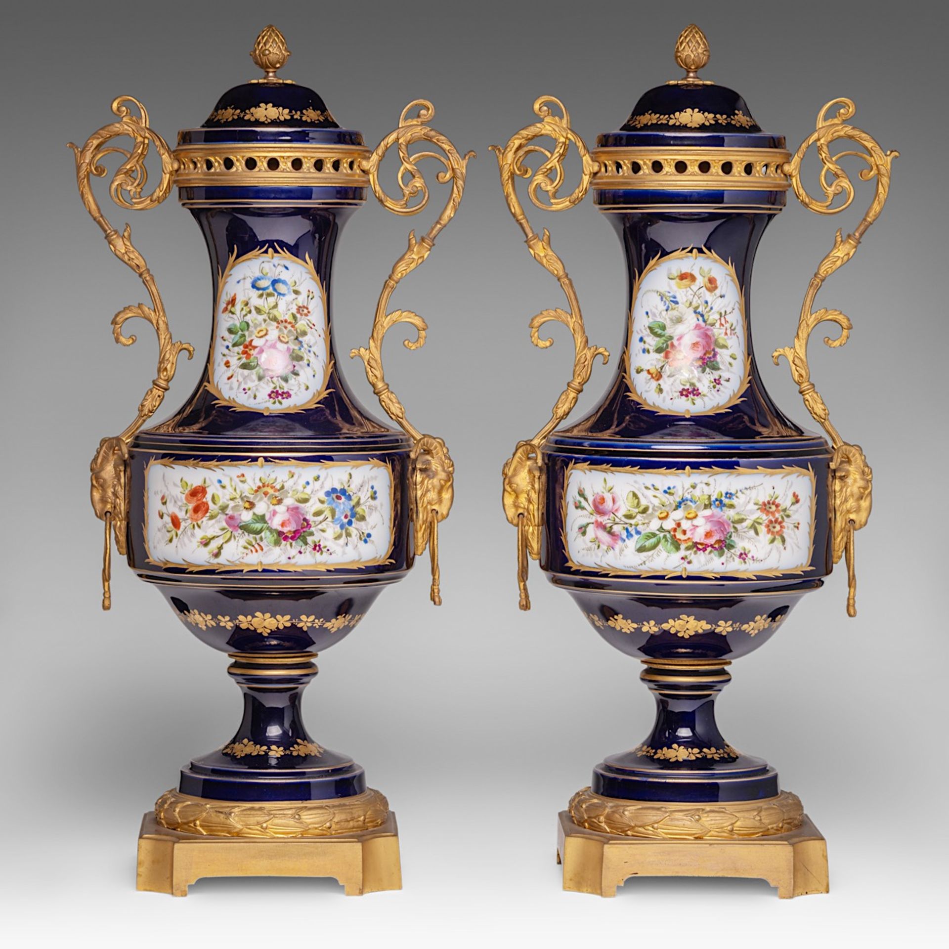 A pair of blue royale ground Sevres vases with hand-painted gallant scenes and gilt bronze mounts, H - Bild 3 aus 12