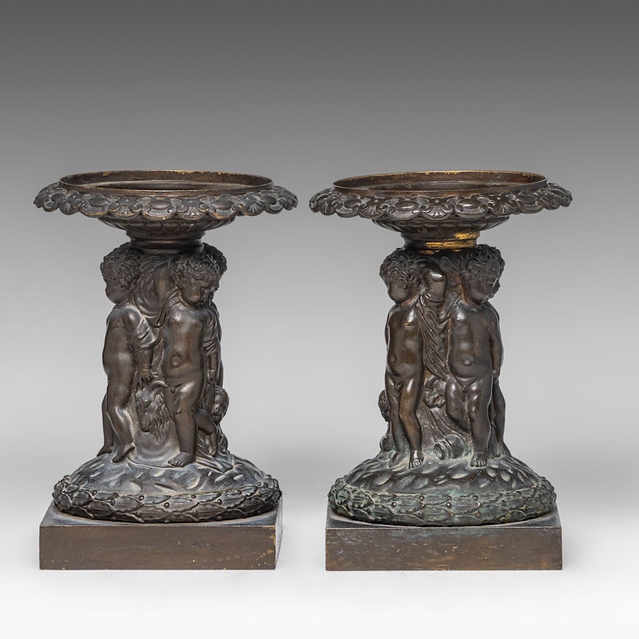 A pair of cut crystal coupes on patinated bronze figural stands, in the Wiener Werkstatte manner, H - Image 4 of 7