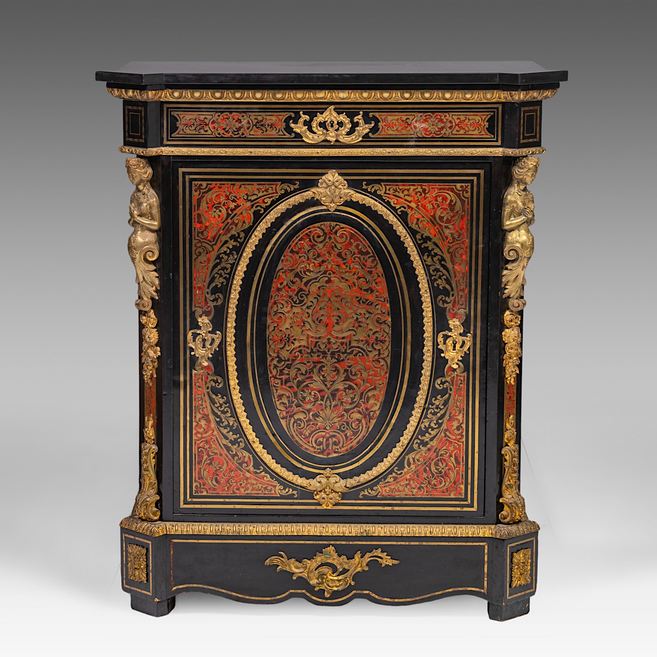 A Napoleon III (1852-1870) Boulle work 'meuble d'appui' with a marble top and gilt bronze mounts, H - Image 2 of 7