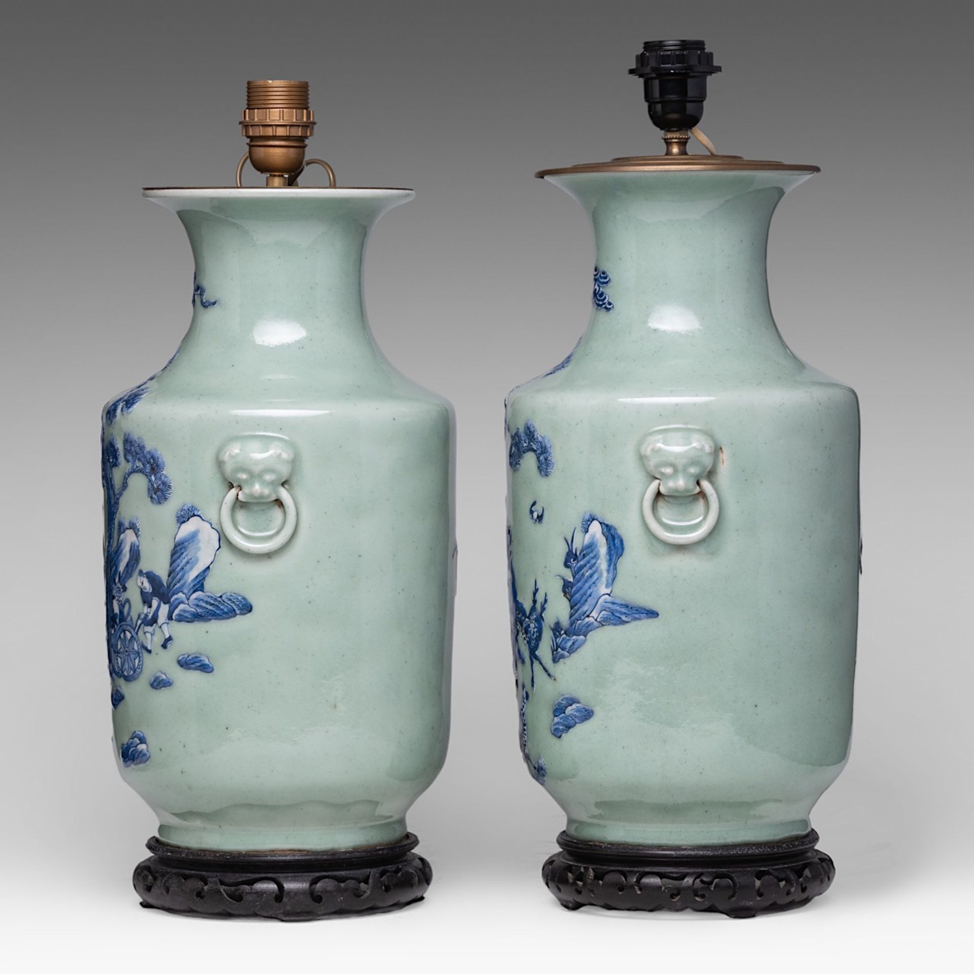 A pair of Chinese blue and white on celadon ground 'Immortal' vases, fixed with lamp mounts, total H - Image 2 of 5