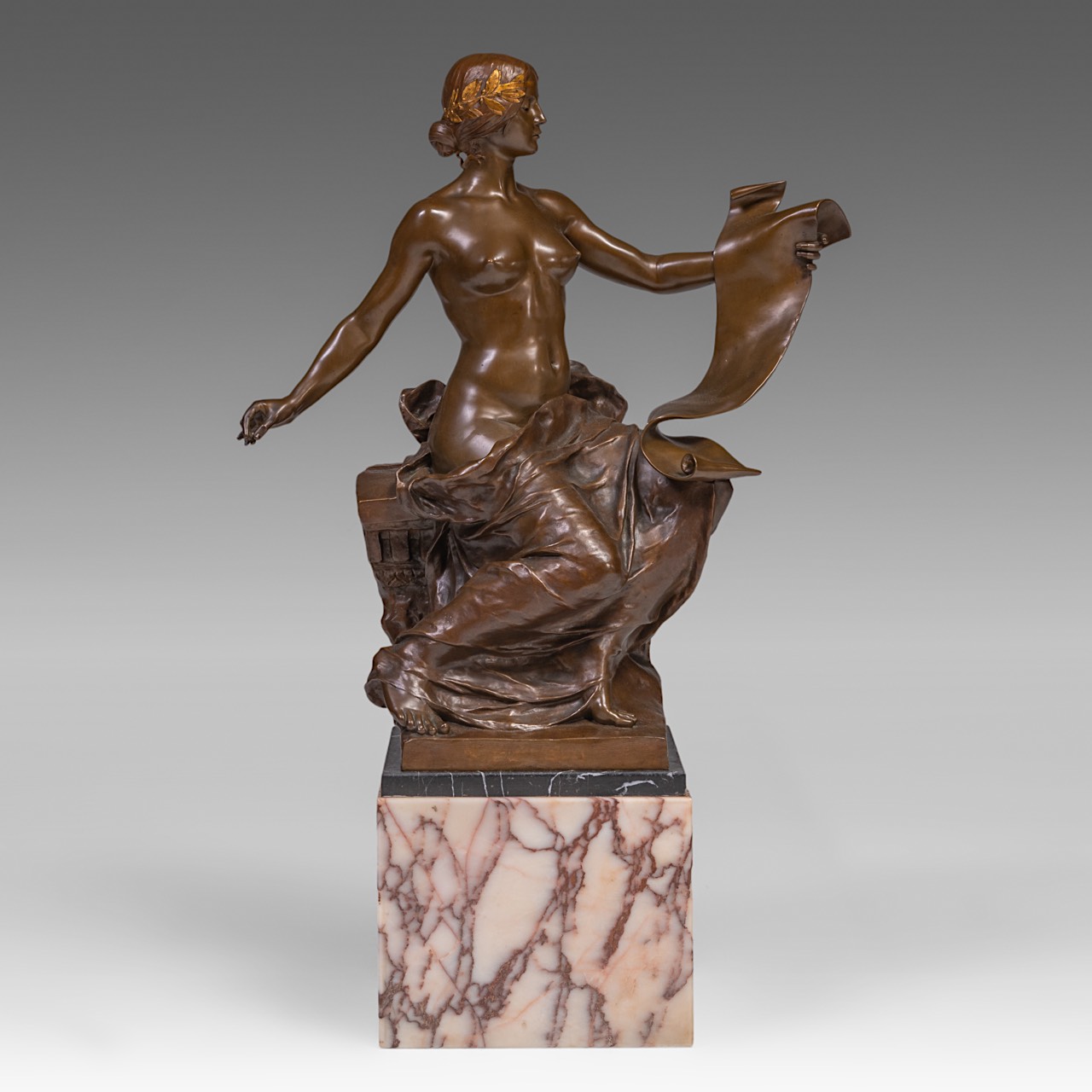 Georges Bareau (1866-1931), 'Allegory of History', patined and gilt bronze, casted by Barbedienne, H
