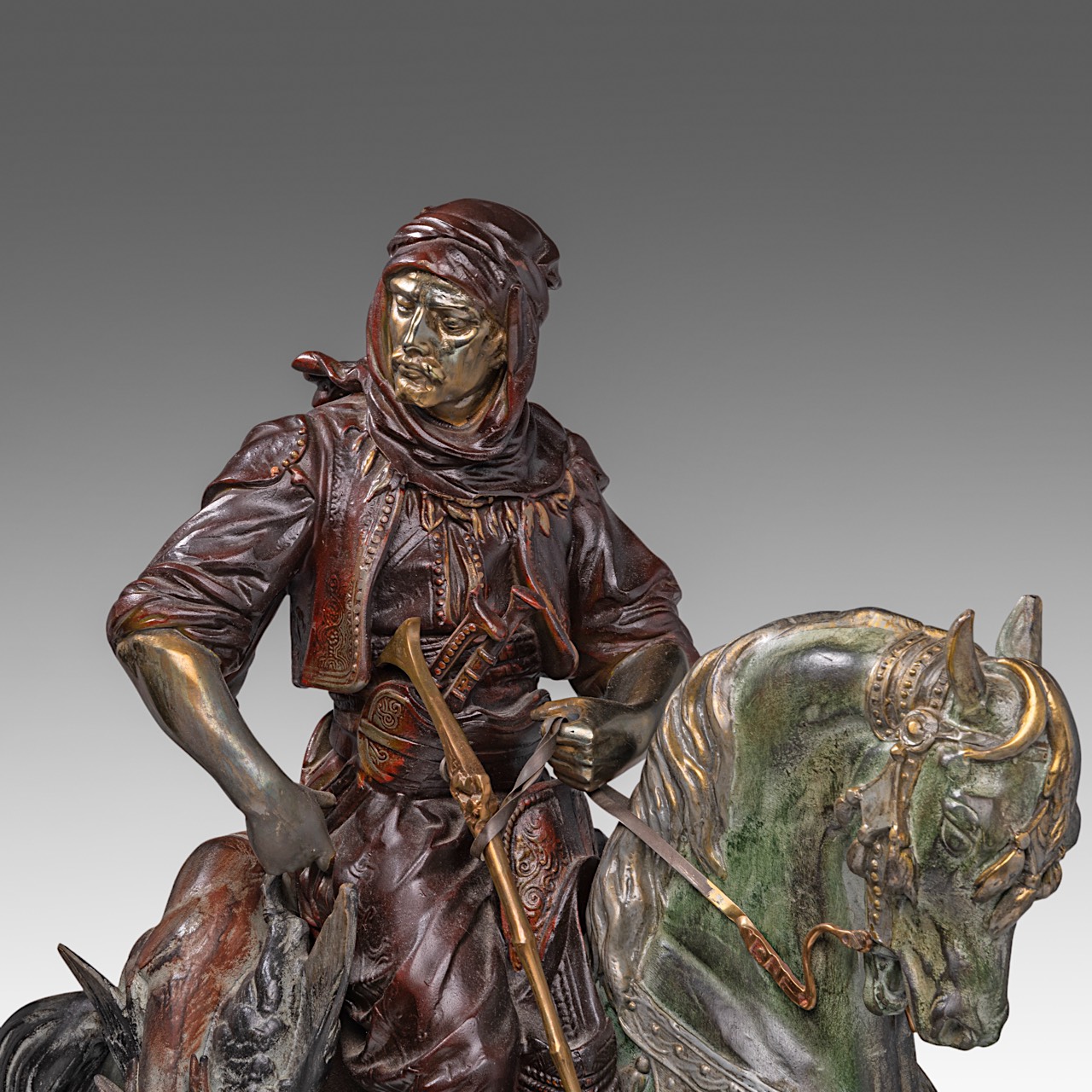 Attrib. to Alfred Barye (1839-1882), Arab horseman, patinated spelter on a vert de mer marble base, - Image 9 of 10