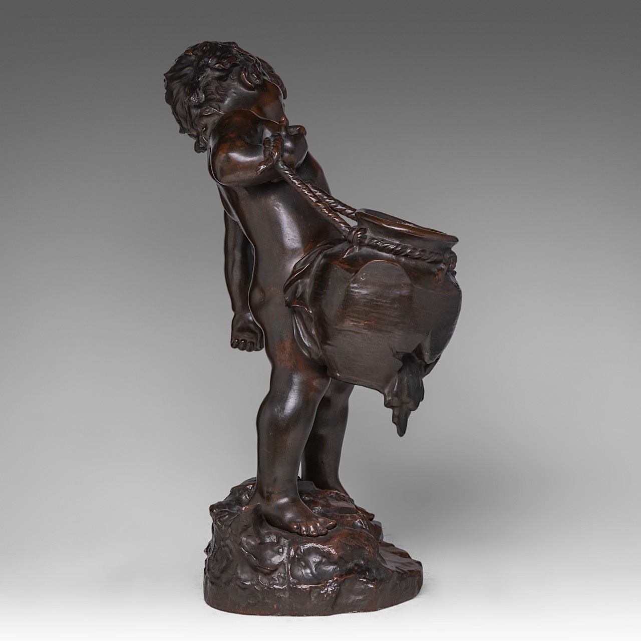 Auguste Moreau (1834-1917), boy holding a cracked jug, patinated bronze, H 55 cm - Image 4 of 7