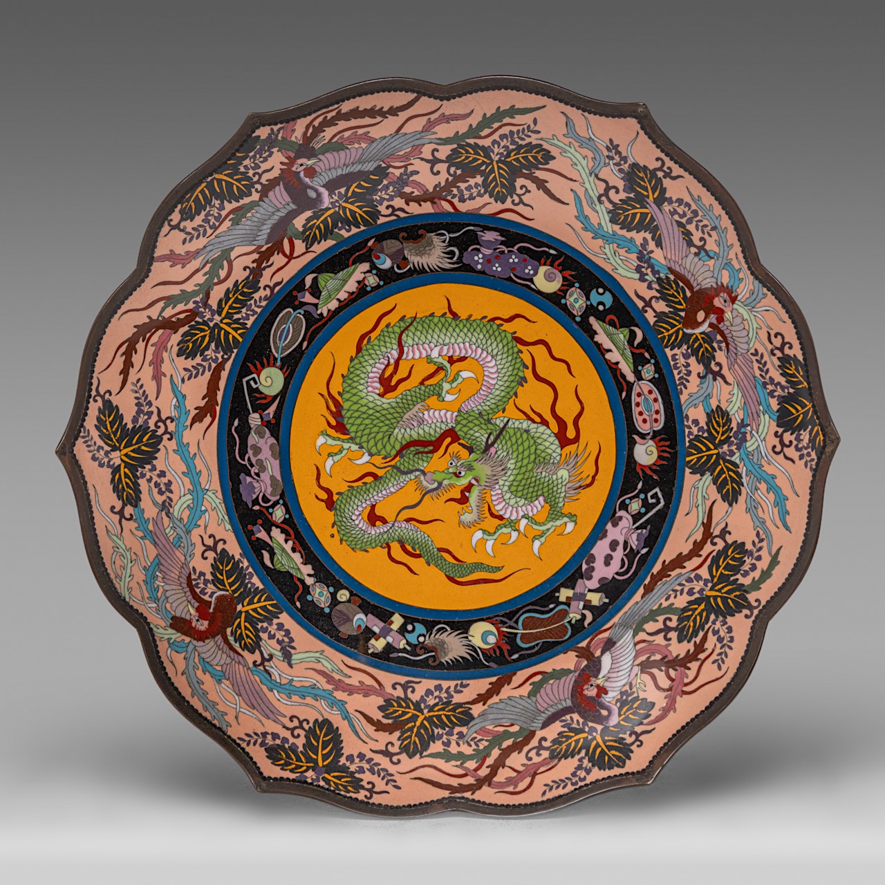 A collection of four Japanese cloisonne enamelled plates, one fixed on a gilt bronze foot, 20thC, di - Image 2 of 10