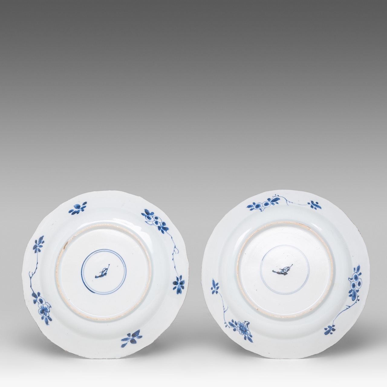 A Chinese blue and white 'Peony Scroll' plate, Kangxi period, dia 35 cm - added a series of four flo - Image 5 of 7