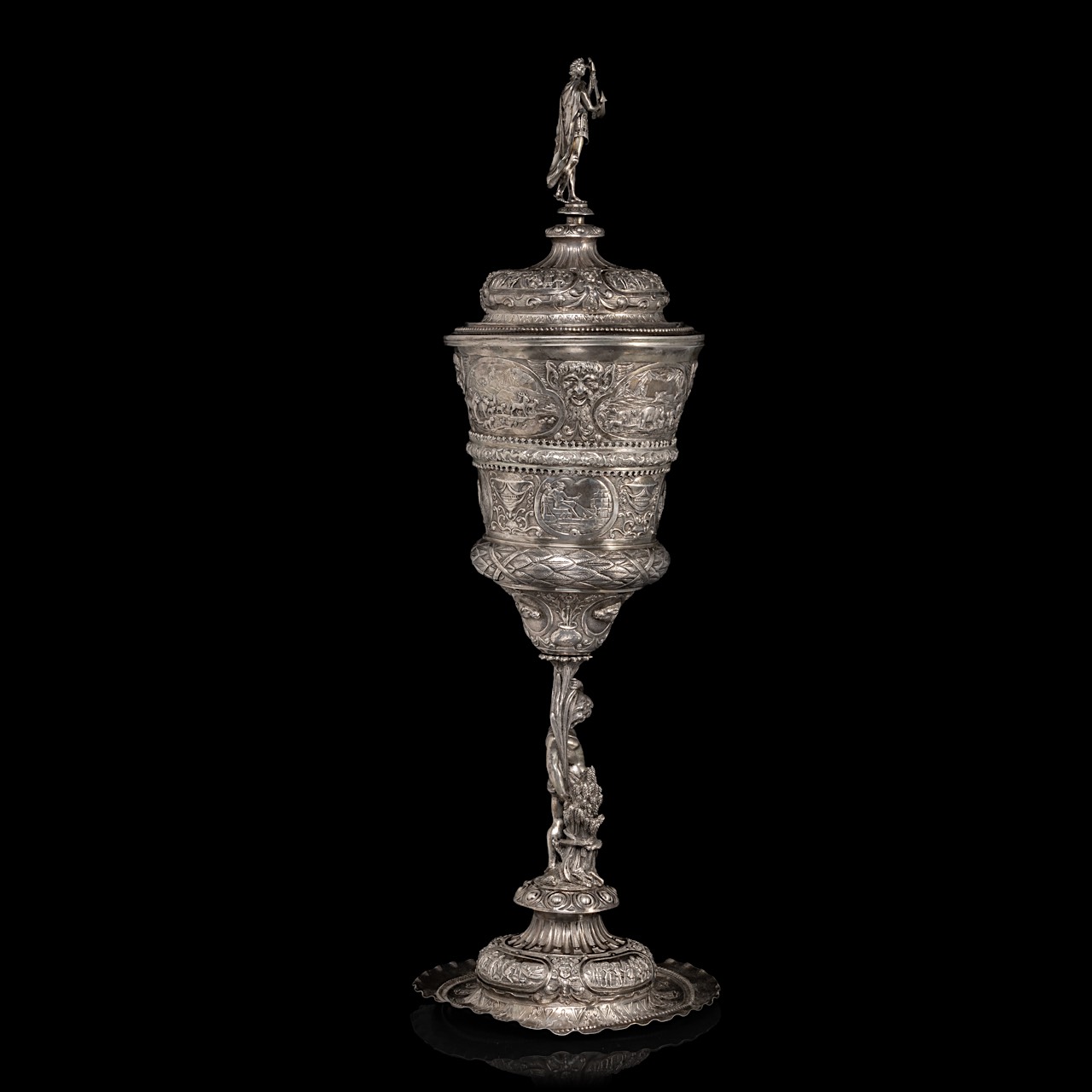 A 19thC Renaissance revival silver cup and cover, H 72,5 cm, total weight ca 2772 g - Image 4 of 9