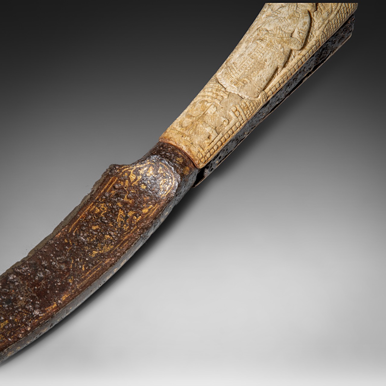 A rare, probably Byzantine dagger with a relief-cut bone handle, 12th/13thC, total L 36 cm - Image 5 of 10