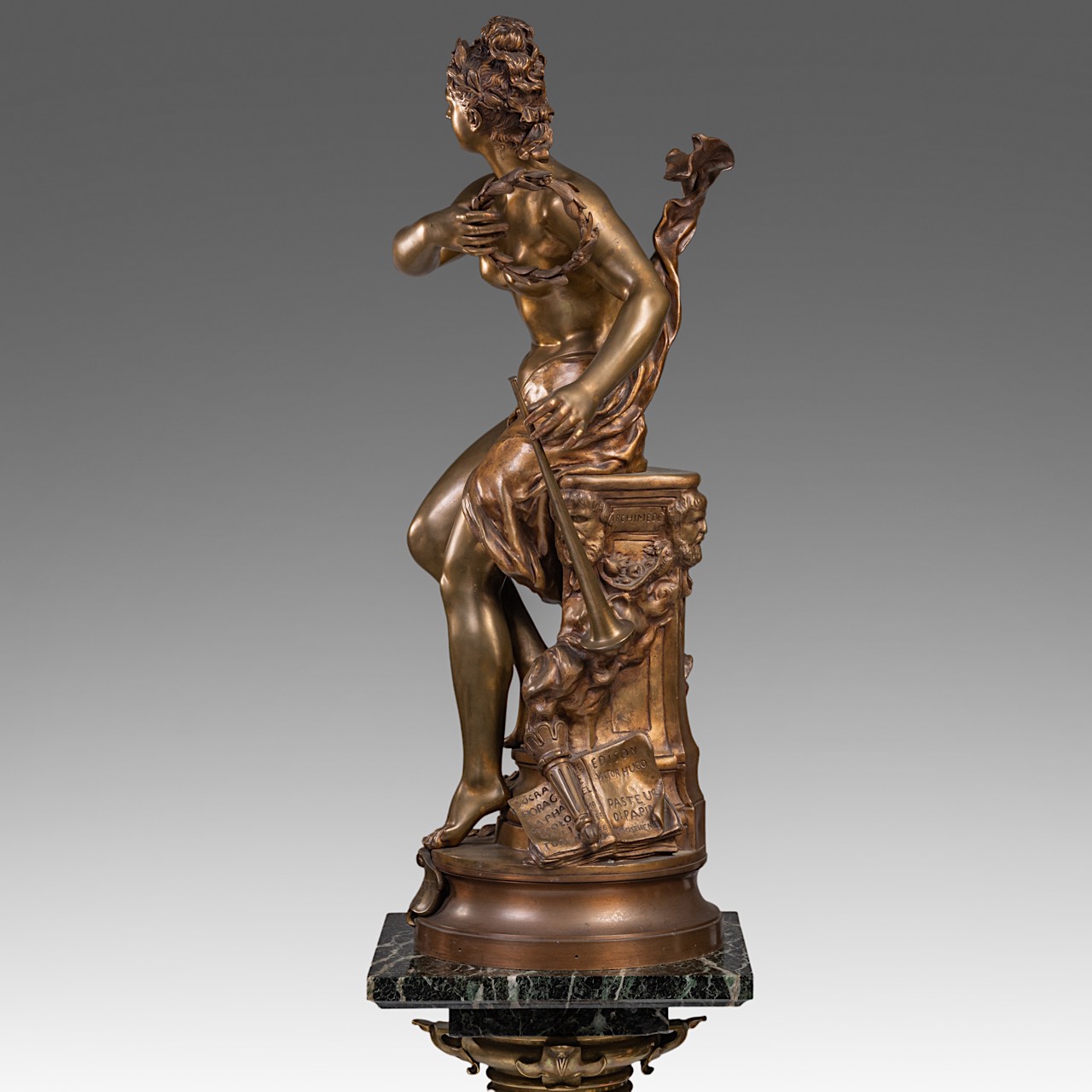 Adrien Etienne Gaudez (1845-1902), 'Gloire au travail', patinated bronze on a marble pedestal, H 169 - Image 5 of 18