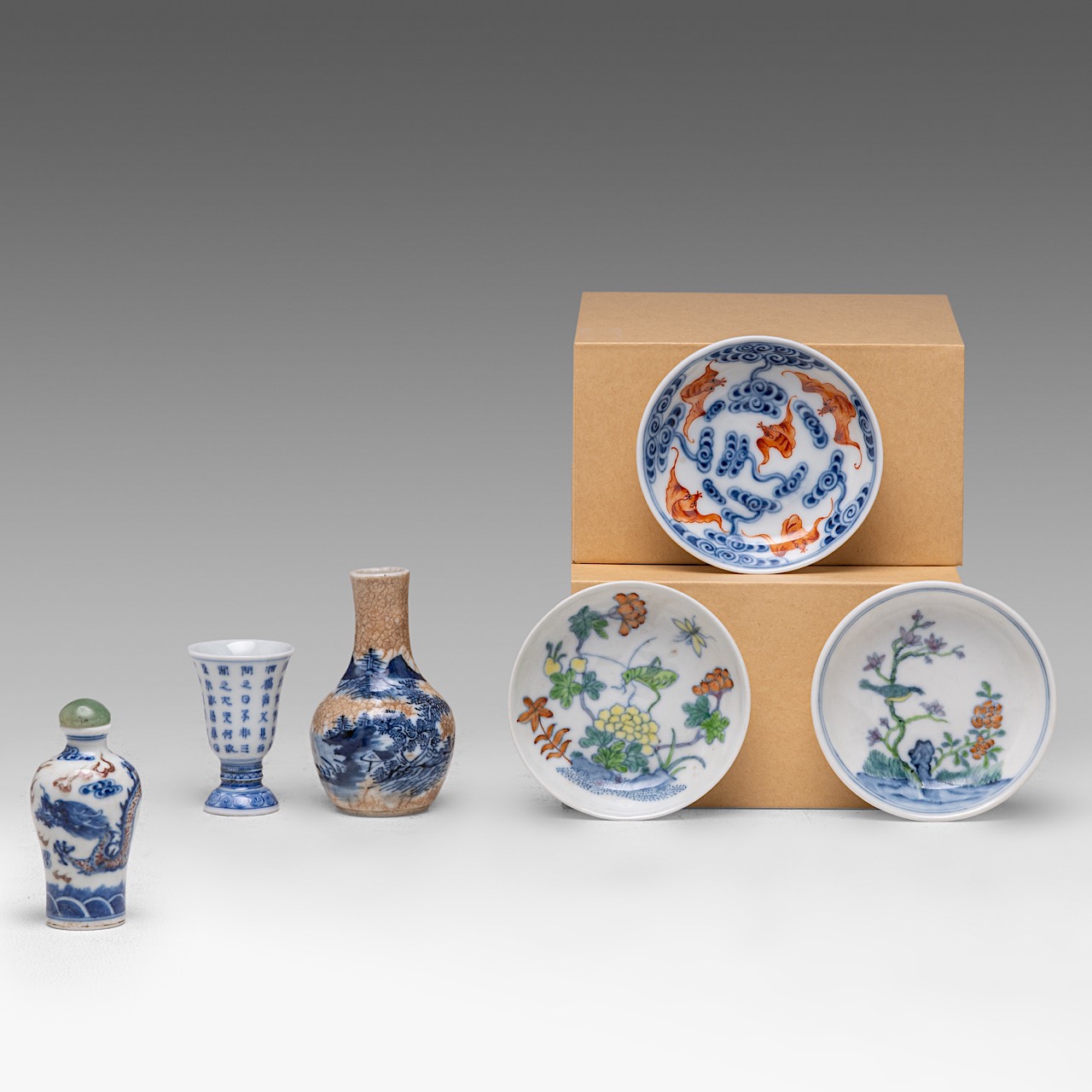 A small group of six Chinese porcelain ware, including a copper red and underglaze blue 'Dragon' snu