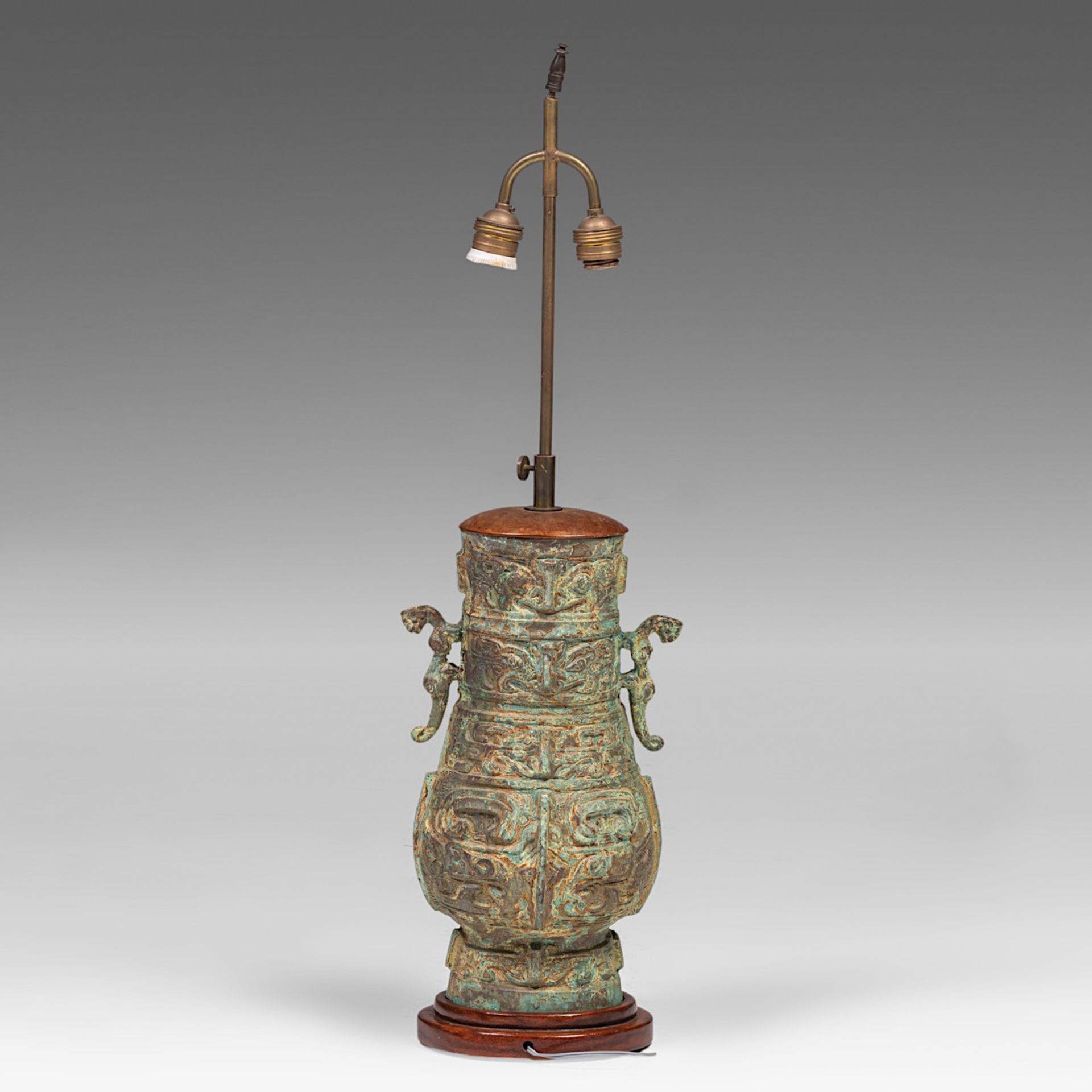 A Chinese archaistic bronze vase, fixed with lamp mounts, total H 75 cm - Image 3 of 4
