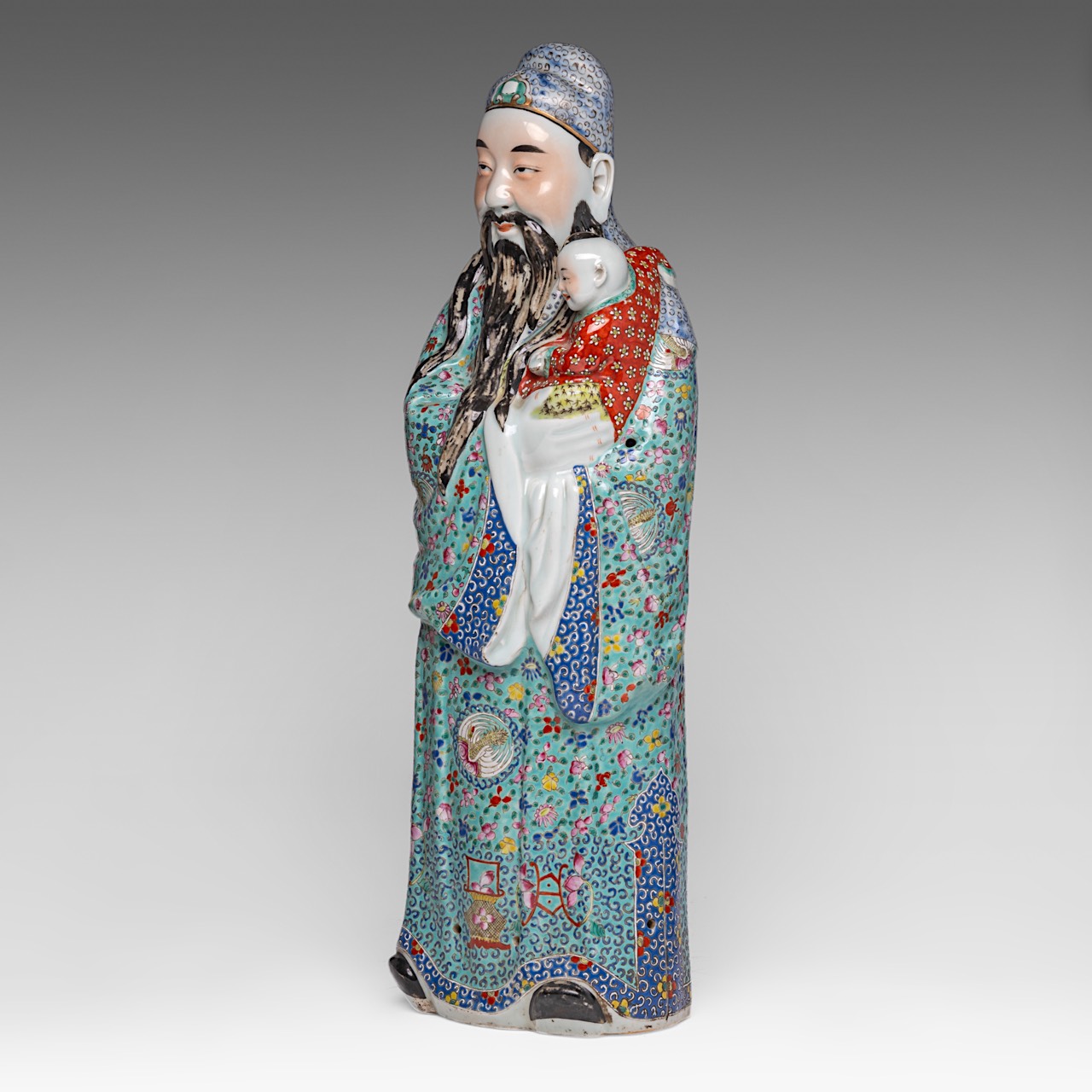 A large Chinese famille rose enamelled figure of Lu Xing, 20thC, H 62 cm - Image 2 of 3