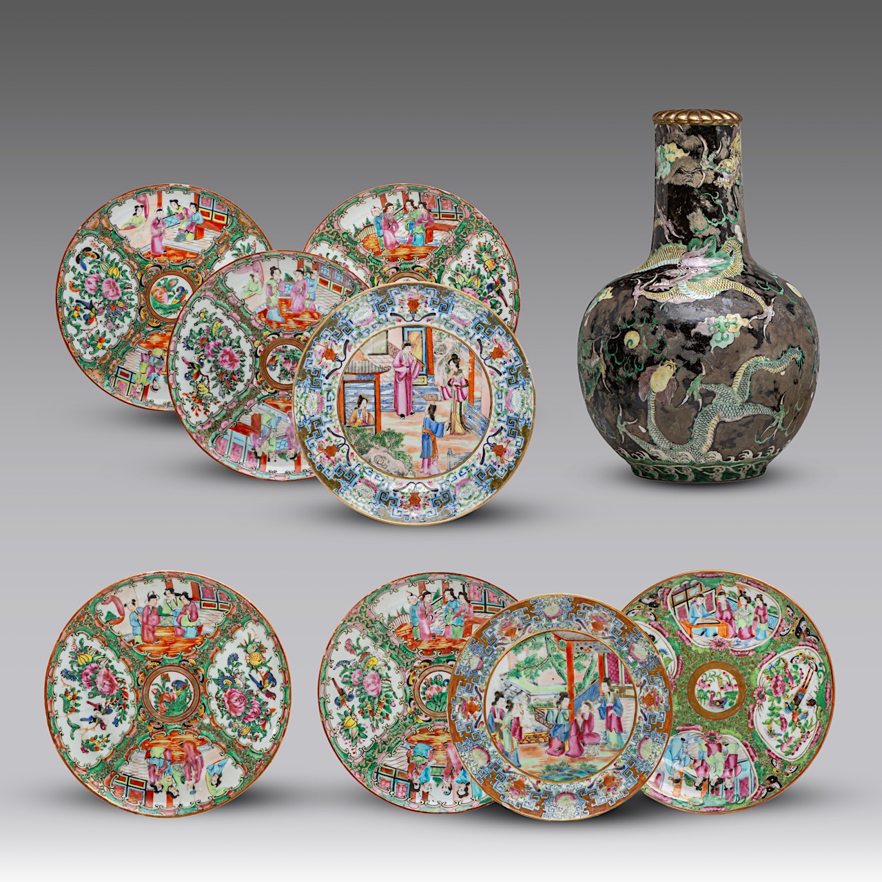 Eight Chinese Canton rose mandarin and rose medallion dishes, 19thC, dia 20 cm - added a famille noi