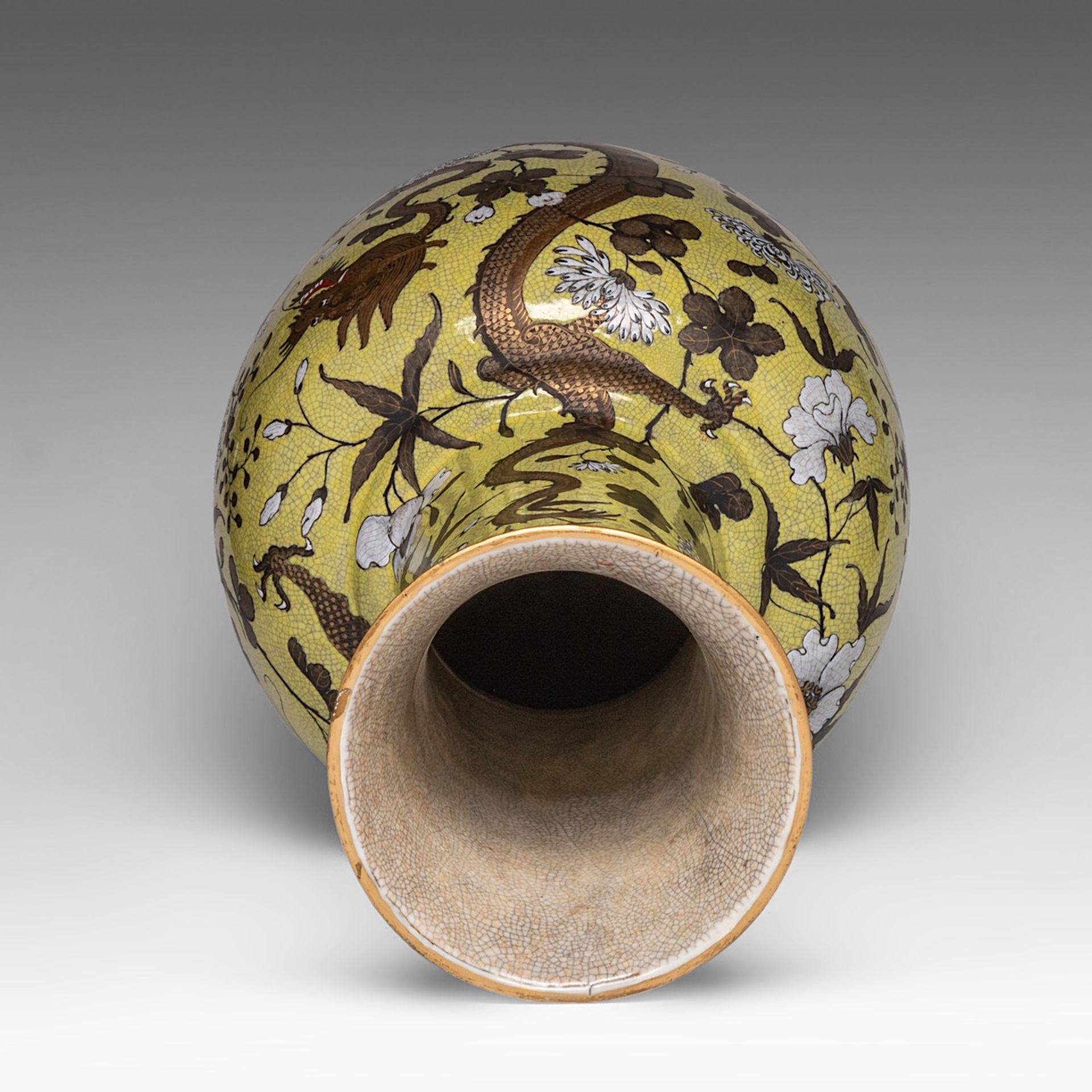 A Chinese Dayazhai-style 'Dragons amongst chrysanthemum' bottle vase, marked, Republic period, H 58 - Image 5 of 6