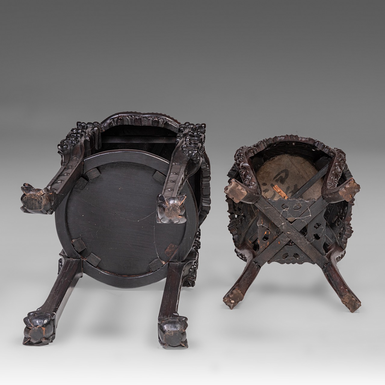 A small collection of four South Chinese carved hardwood bases, all with a marble top, late Qing, ta - Image 16 of 17