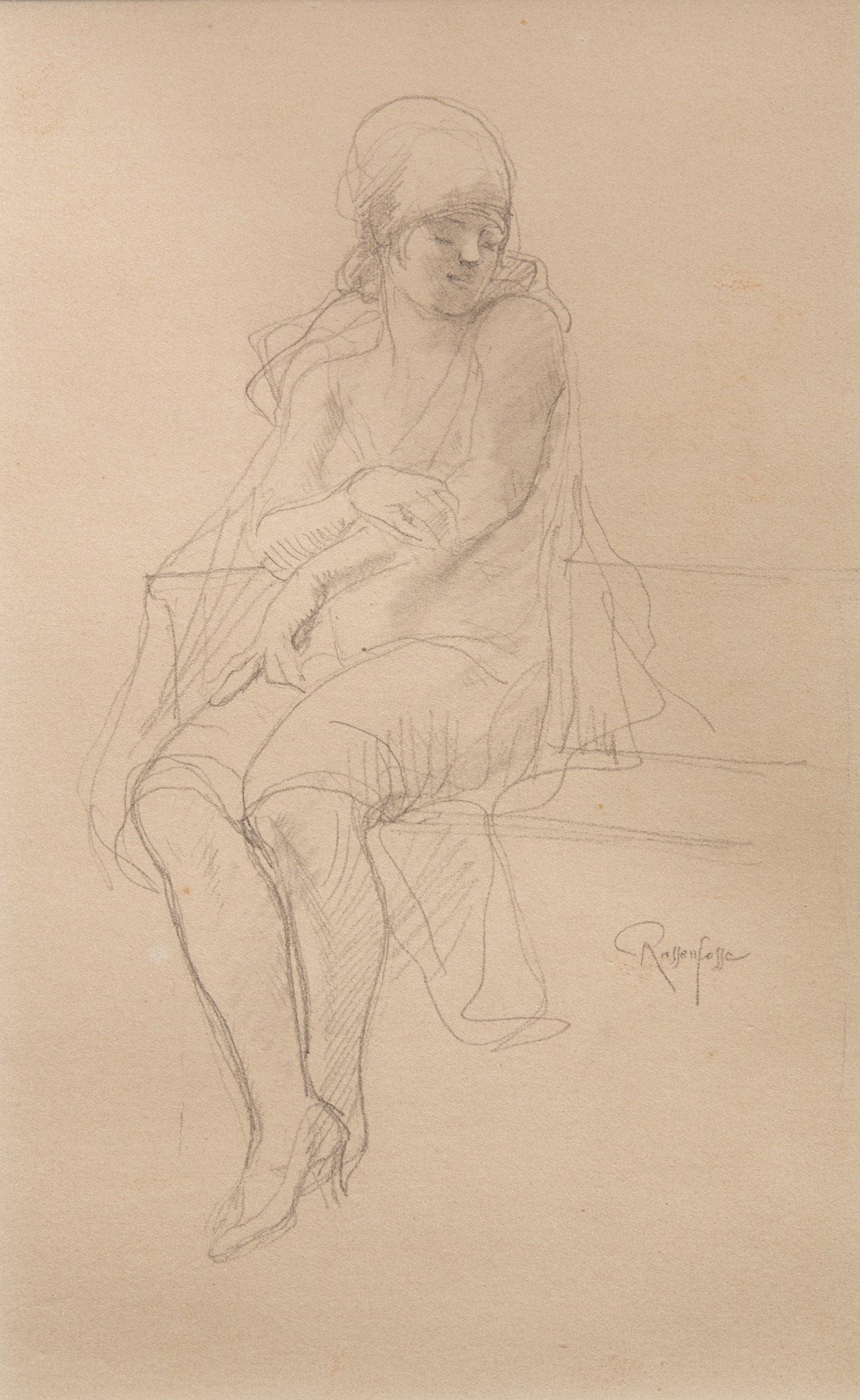 Armand Rassenfosse (1862-1934), seated girl, pencil drawing on paper 26 x 16.5 cm. (10.2 x 6 1/2 in.