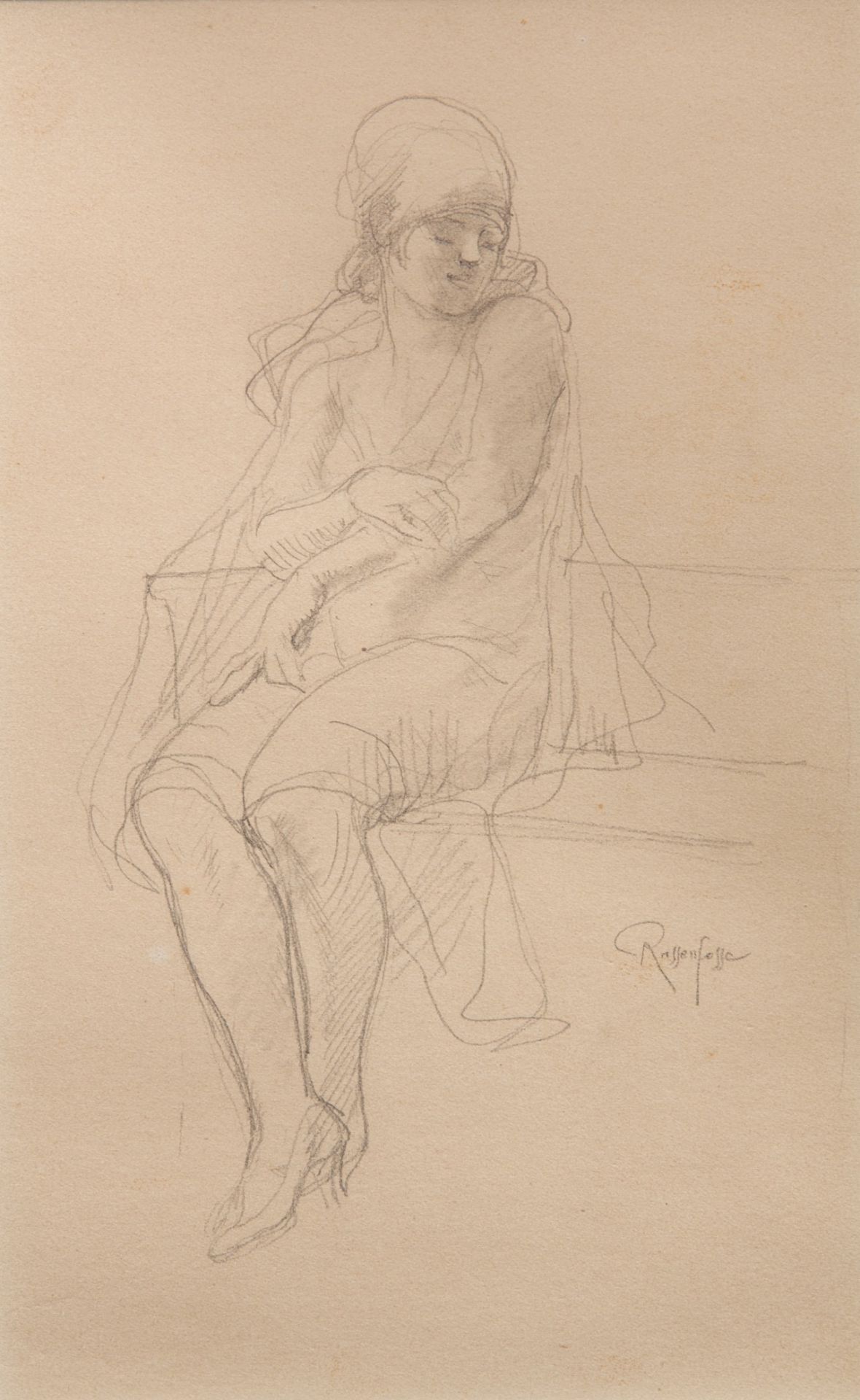 Armand Rassenfosse (1862-1934), seated girl, pencil drawing on paper 26 x 16.5 cm. (10.2 x 6 1/2 in.