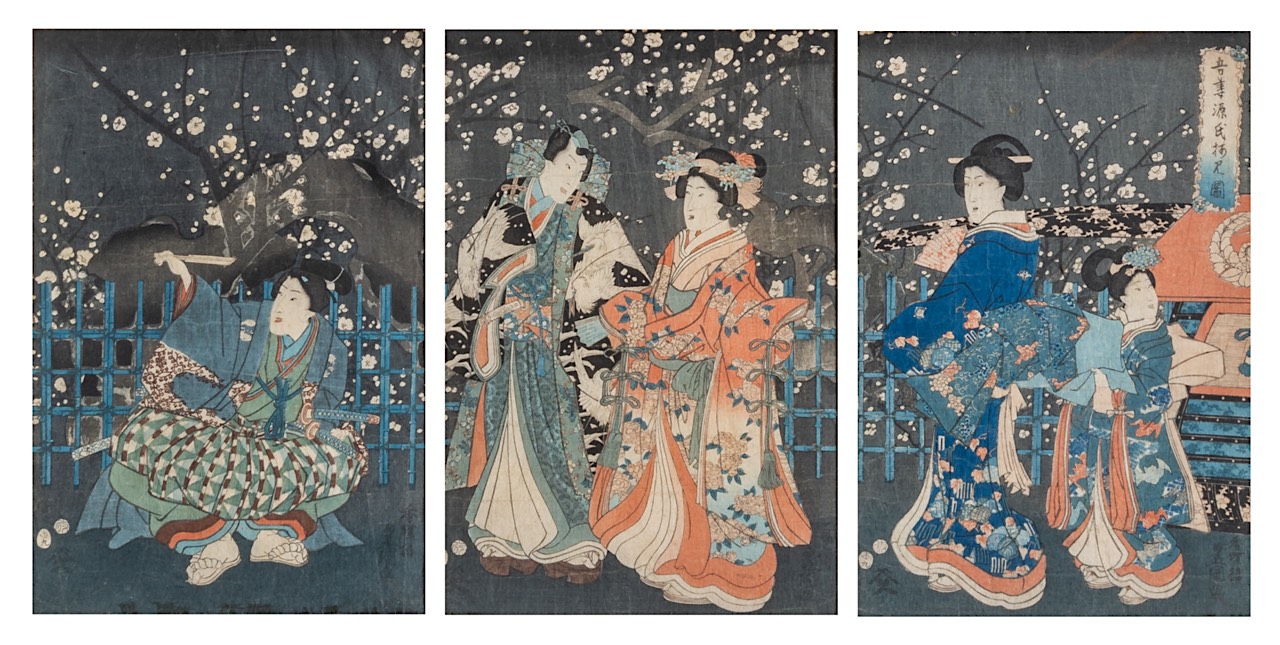 A large Japanese woodblock print by Kitao Masanobu (1761-1816) and a triptych by Kunisada (1786-1865 - Image 2 of 10